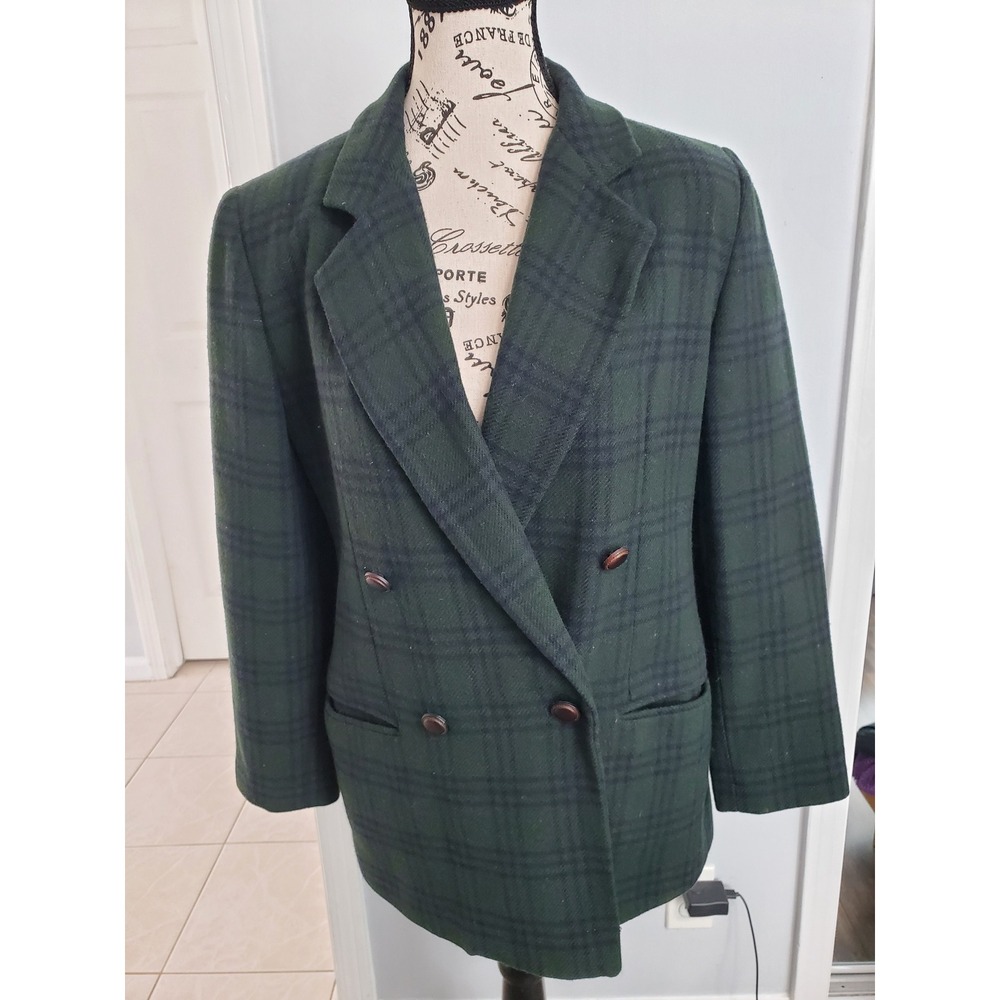 Stephanie Andrews Vintage Green Plaid Double Breasted Blazer Jacket Women
